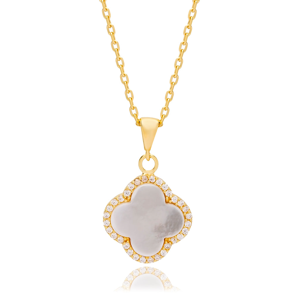 Clover Design White Shell Zircon Stone Charm Necklace