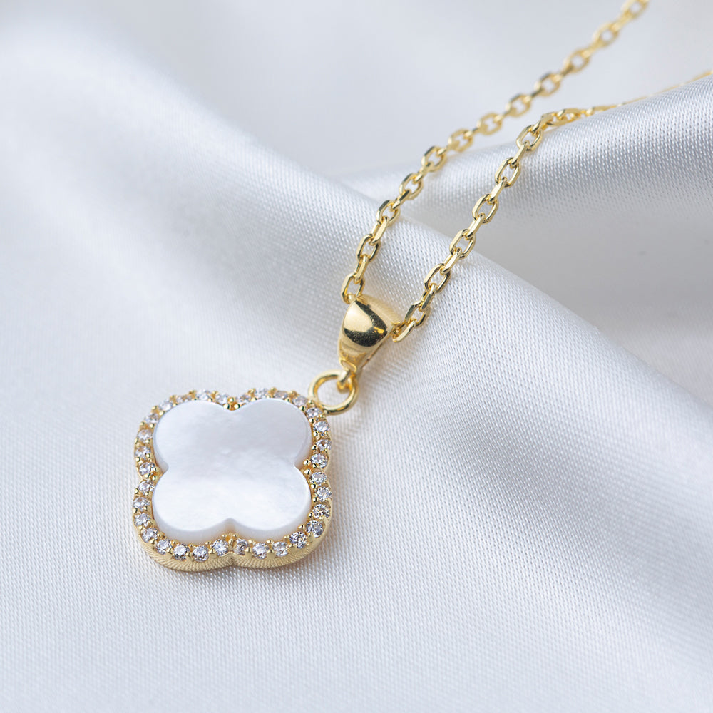 Clover Design White Shell Zircon Stone Charm Necklace