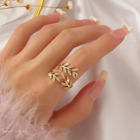 18K Golden Plated Leaf Design Ring, Adjustable Open