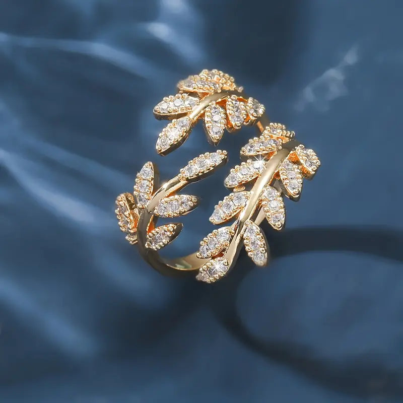 18K Golden Plated Leaf Design Ring, Adjustable Open