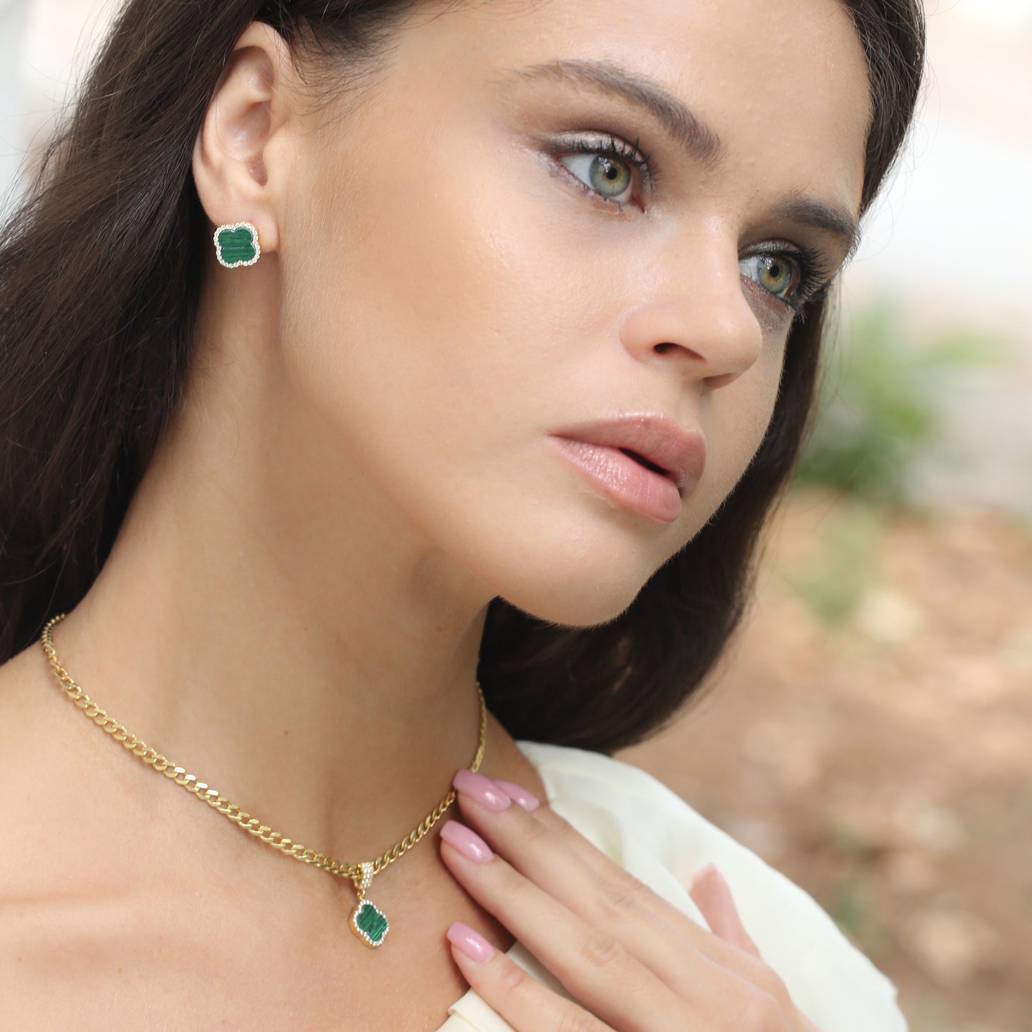 Clover Green Malachite Design Zircon Stone Earrings