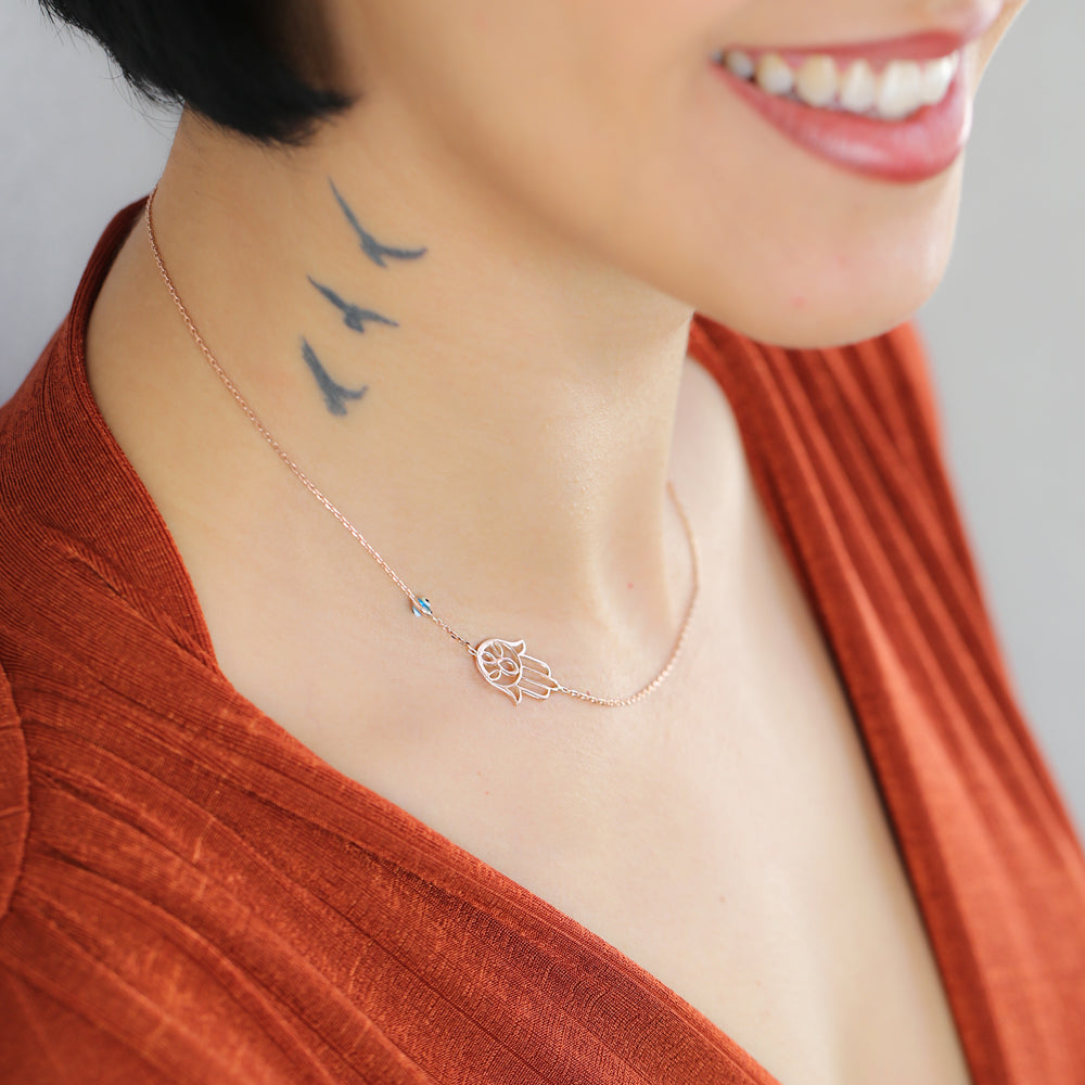 Hamsa Sideway with Evil Eye Necklace