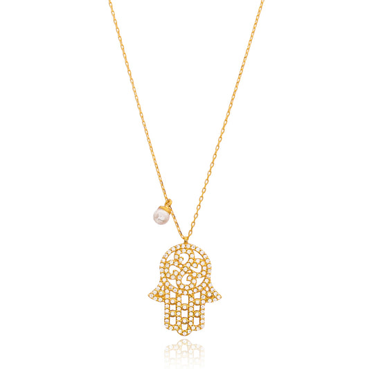 Hamsa with Zircon stones and pearl necklace