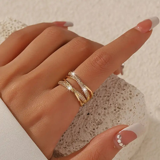 Elegant Adjustable Open Ring with Double Layer Rhinestone Cross Design,