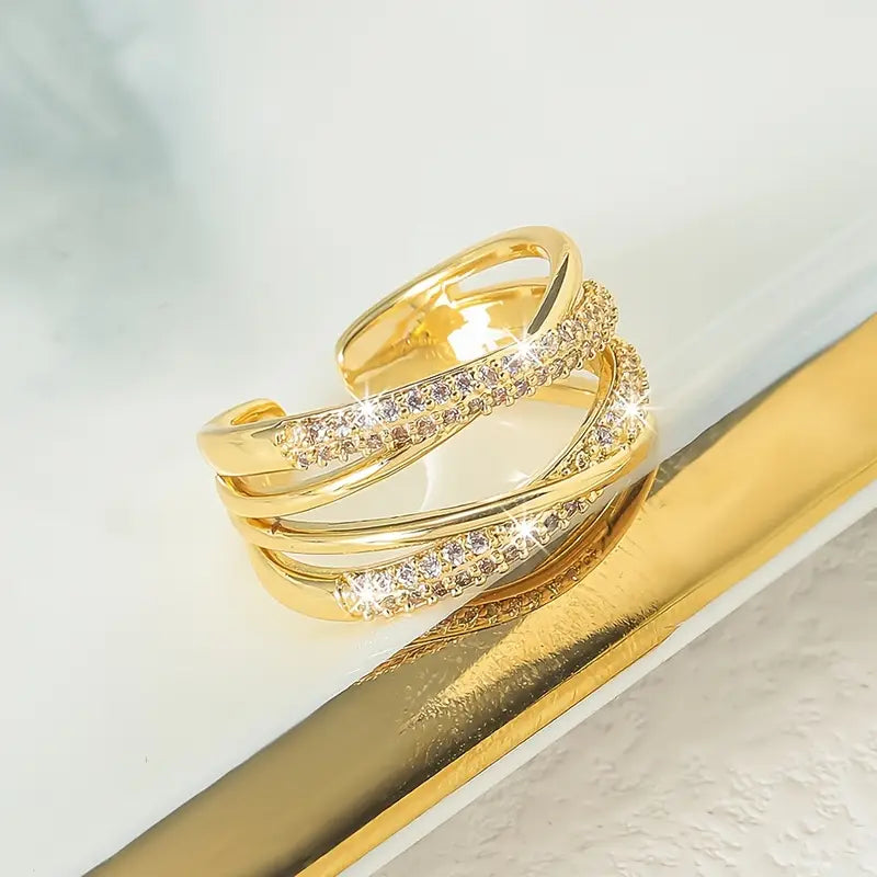 Elegant Adjustable Open Ring with Double Layer Rhinestone Cross Design,