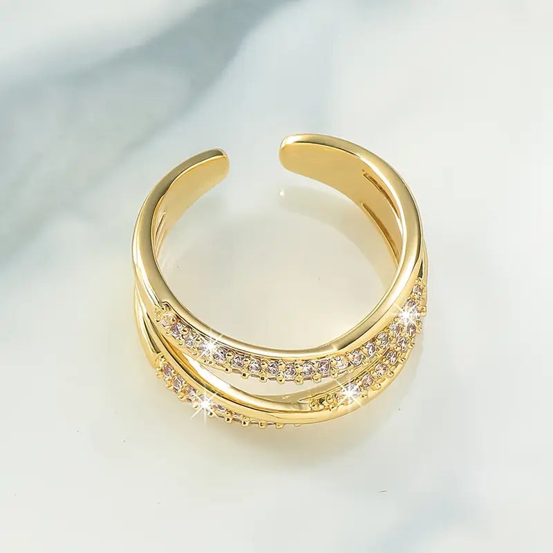 Elegant Adjustable Open Ring with Double Layer Rhinestone Cross Design,