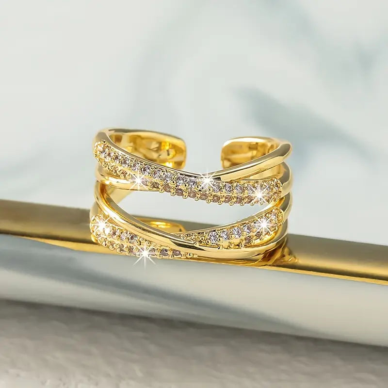 Elegant Adjustable Open Ring with Double Layer Rhinestone Cross Design,