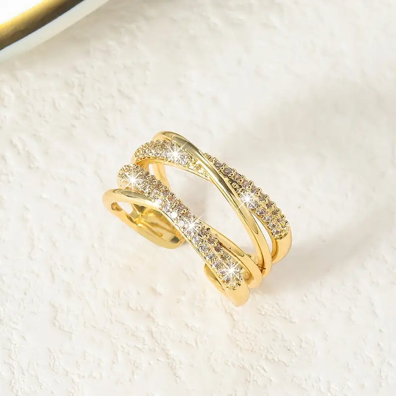Elegant Adjustable Open Ring with Double Layer Rhinestone Cross Design,